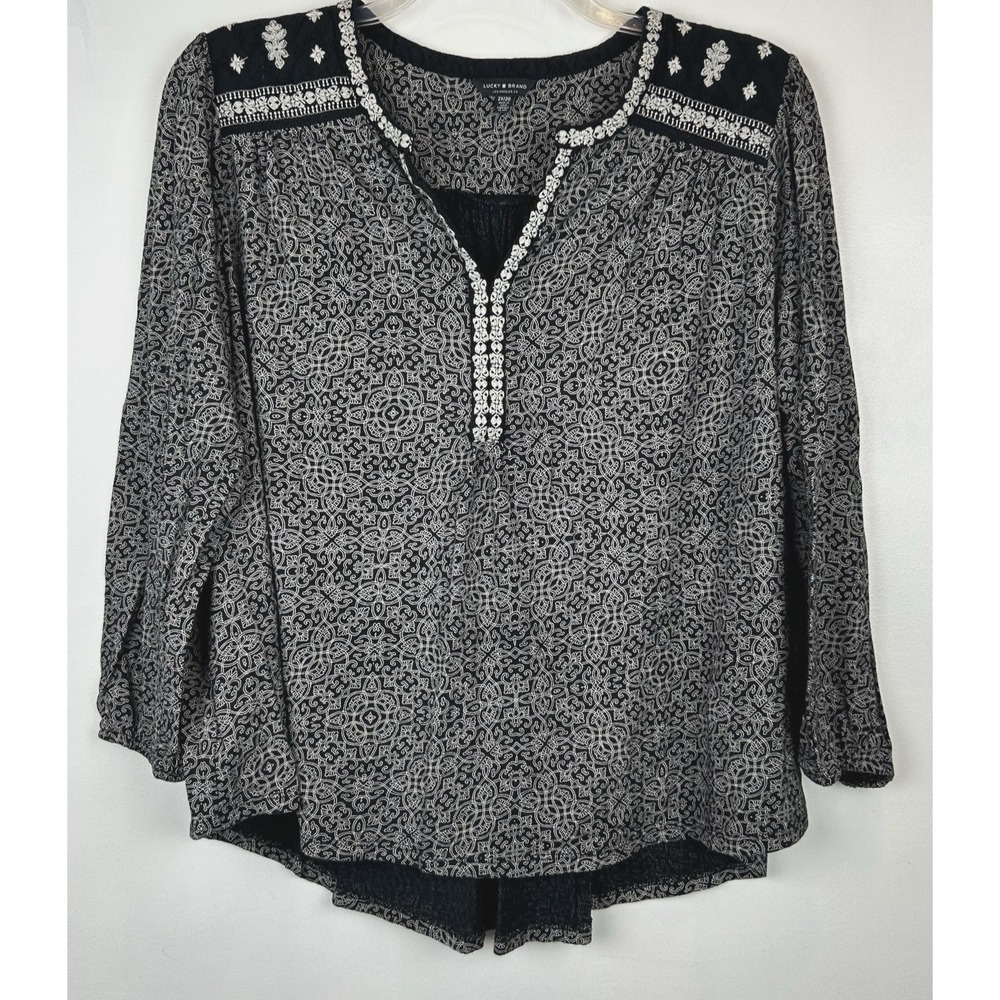 Lucky Brand Tunic Top Women 2X Shirt Floral Print Black Boho Casual Embroidered
